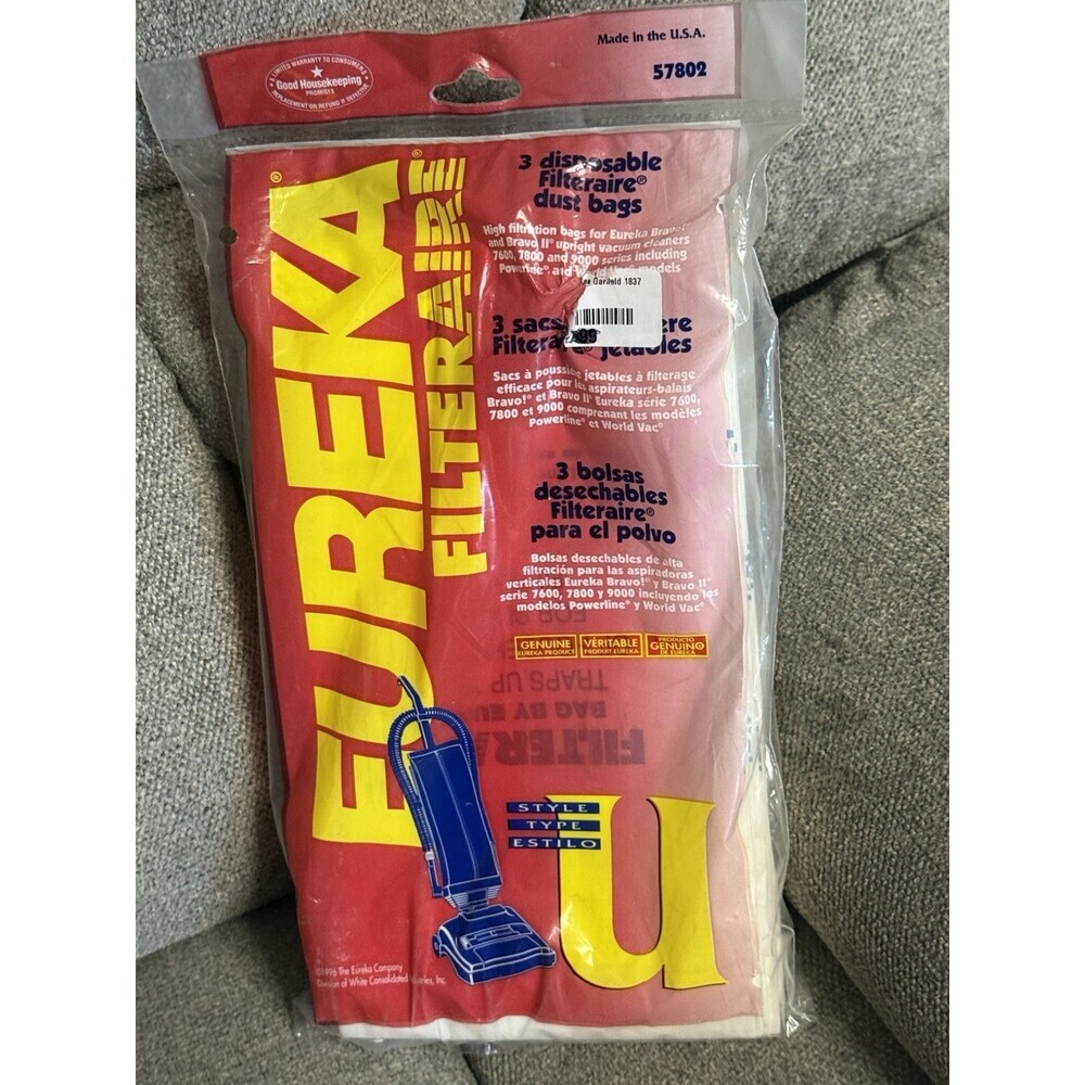 Eureka filteraire Dust Bags Pack Of 3 New In Bag Model 57802